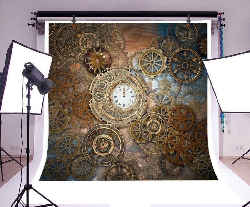 AOFOTO 7x7ft Retro Steampunk Backdrop Old Metal Gear Clock Vintage Cogwheels Photography Background Rusty Steam Machine Nostalgia Party Decoration Photo Studio Props Wallpaper Adult Man Woman Portrait - Image 3